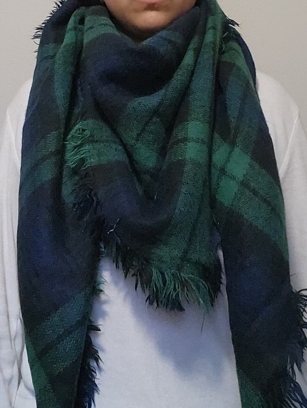 Source Unknown Green and Navy Plaid Blanket Scarf